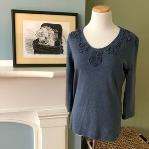 Karen Scott Dusty Blue Sweater w/ Beaded Rosettes